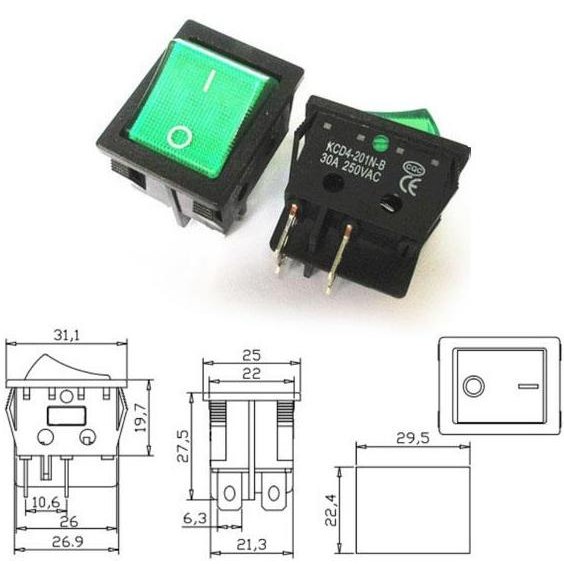 $$$$] Saklar Rocker Switch ON OFF 4 Pin 30A 250V Hitam - Lampu Hijau
