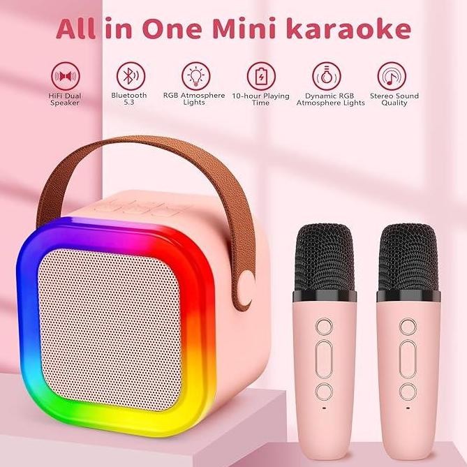 Nata Speaker Karaoke 2 Mikrofon Speaker Bluetooth Mini Portabel Dengan Efek Pengubah Suara Dan Lampu