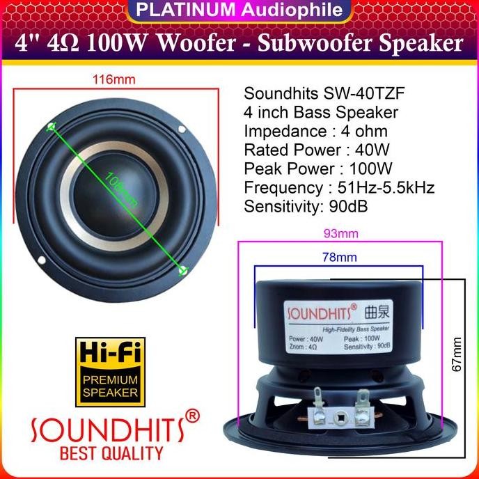 Speaker Subwoofer Woofer Speker Bass Midbass 4 inch 4 ohm 100W Soundhits SW-40TZF
