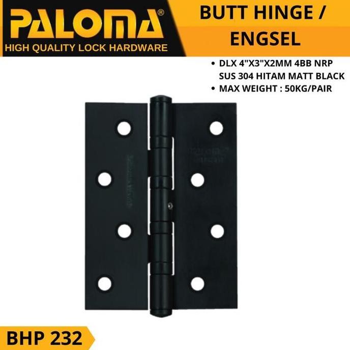 Terbaik Engsel Pintu Paloma Bhp 232 ( Dlx 4"X3"X2Mm 4Bb ) Nrp Matte Black 100% Ori