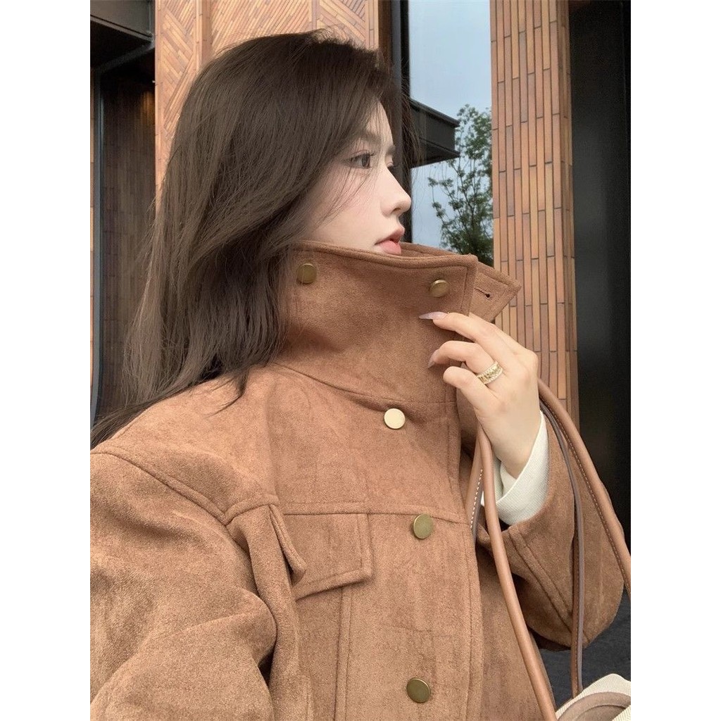 [Cream Winnie]Jaket suede lengan panjang serbaguna longgar kasual Amerika retro