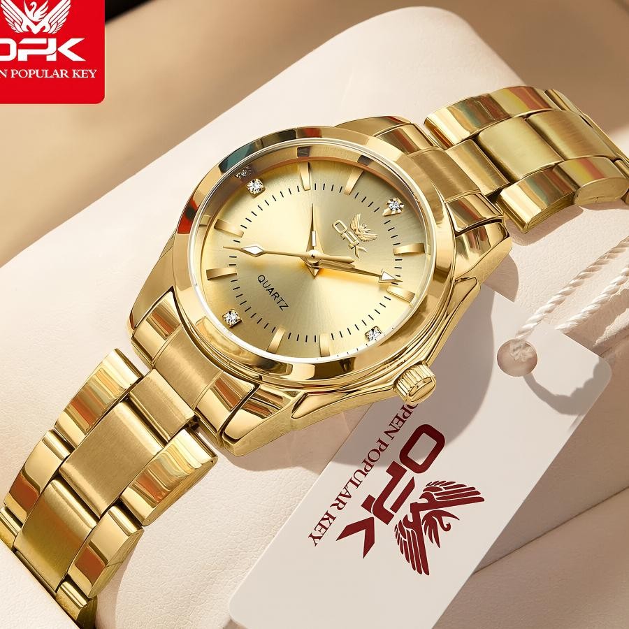 Jam Tangan Opk Wanita Anti Air Stainless Steel Bercahaya Emas Fashion Women Watch