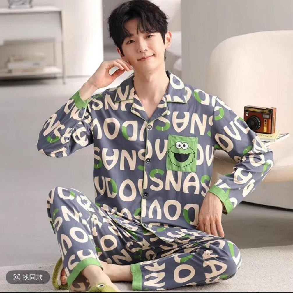 Piyama Cowok Kaos Katun Motif Kancing Import Baju Tidur Pria Setelan Celana Panjang Motif Kancing Ju