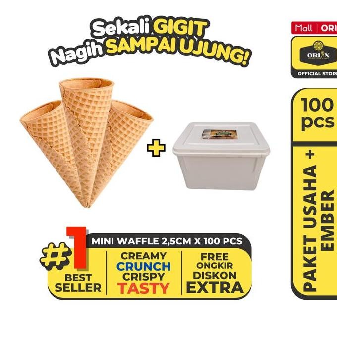 Promo ORLIN Paket Usaha Mini Waffle Cone Ice Cream 100pcs+Ember/Box Campina COD