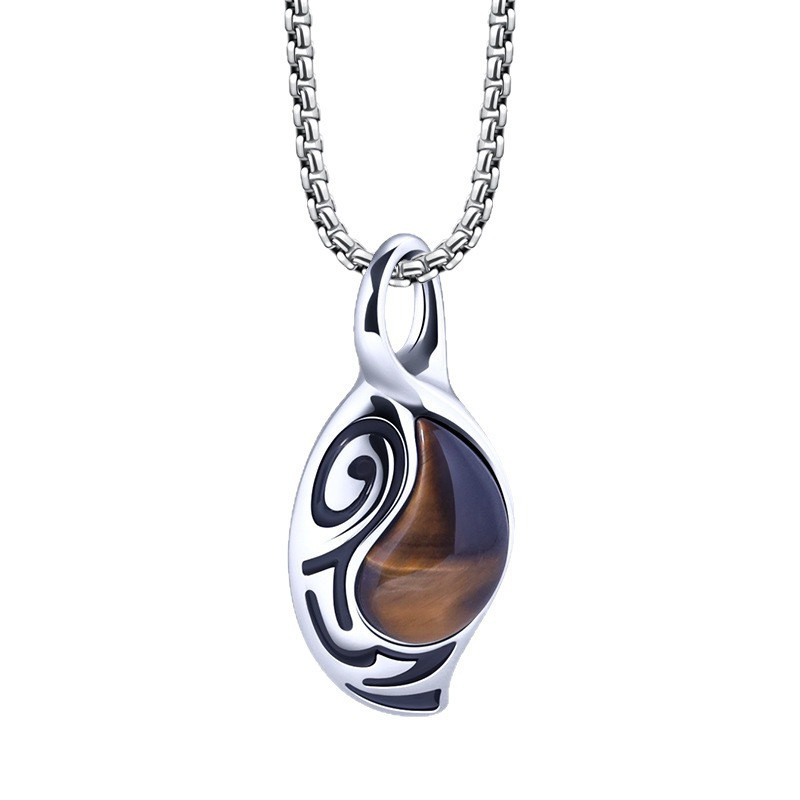Kalung Pria Batu Tiger Eye Titanium Steel Liontin Stainless Steel Perhiasan Tidak Pudar