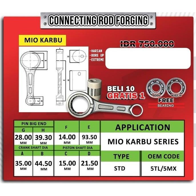 Conrod Stang Seher Forged + Bearing Kruk As Brt Mio Old Sporty Mio Smile Mio Soul Fino Karbu 5Tl