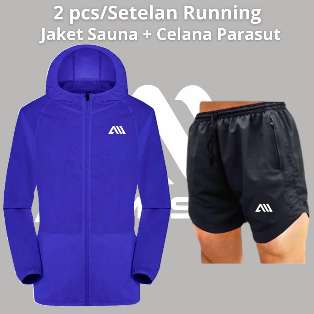 Recomend 2 in 1 Setelan Olahraga Running Jaket Parasut Sauna + Celana Pendek Parasut  Running ,.