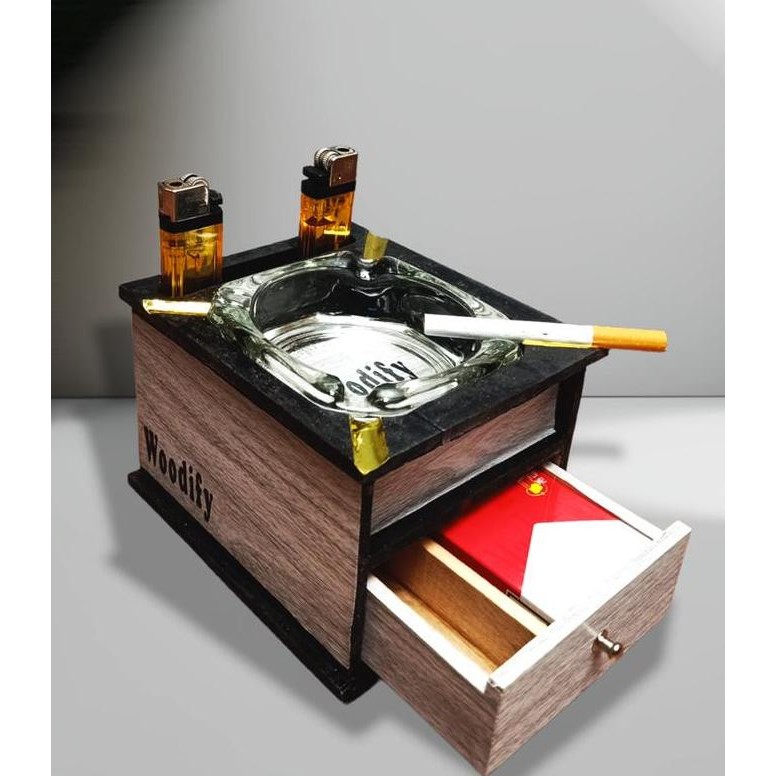 Asbak / Ash Tray Aesthetic Kayu Fullset Laci Korek Gas KUN