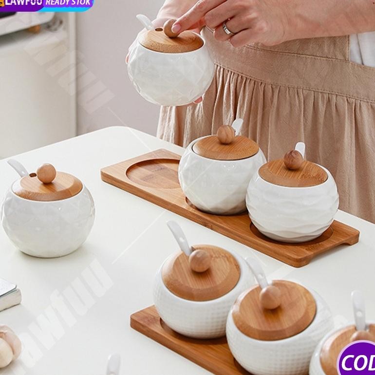 Keramik Toples Bumbu 3 Set dan 1 wadah kayu bumbu dapur unik kombinasi