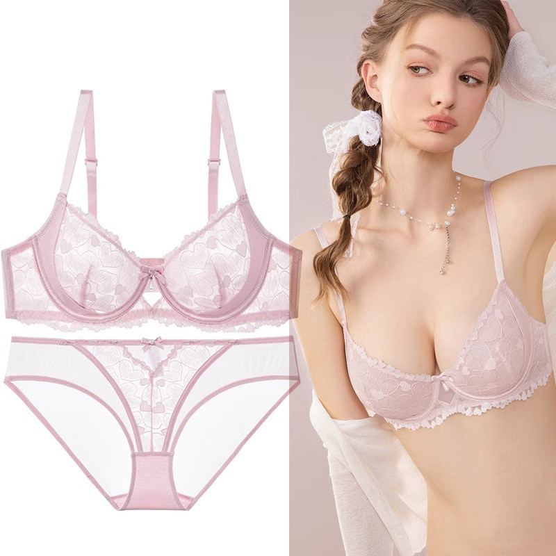【Bisikannya】【COD】Set bra seksi tipis berenda push-up anti-kendur, ultra-tipis, bernapas, bebas spons