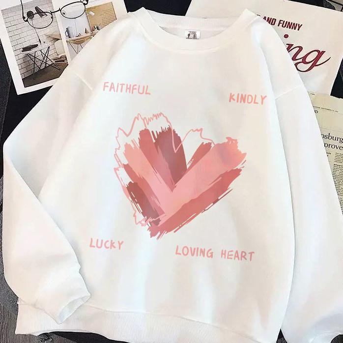 Sweater Korea Pola Love Pink Oversize Lucu Cotton