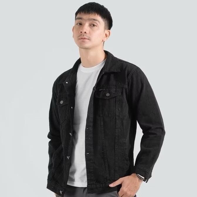 Jaket Jeans Denim Polos Pria Casual Panjang Distro Biru Hitam Cowok Nyaman Keren Ukuran M L Xl Xxl