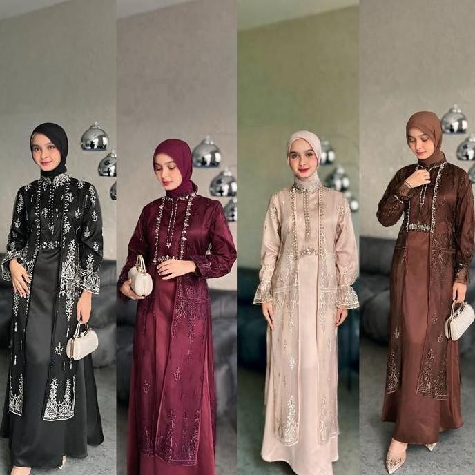 hijablabel | Quynh - Dress Kondangan Simpel Inner Outer Lepas Pasang - Gamis Payet Busui Kekinian  M