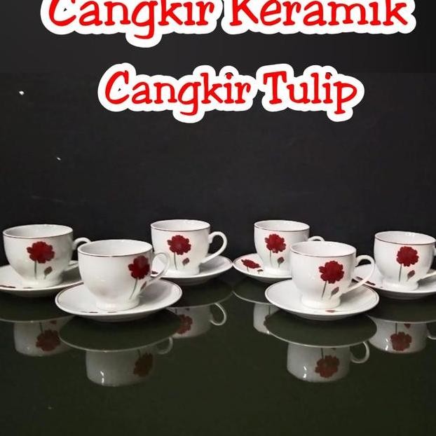 Cangkir Keramik Set Cangkir Kopi Motif Tulip Merah Hamper
