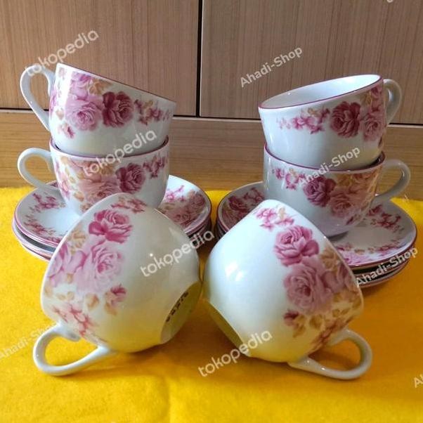 Cangkir Set Kopi Keramik Motif Putih Pink Rosi Tea Cup