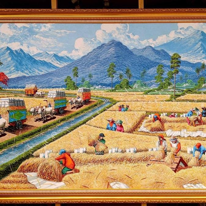 Lukisan Panen Padi 200x120 Lukisan Kanvas Besar Pemandangan Alam Pedesaan Tradisional