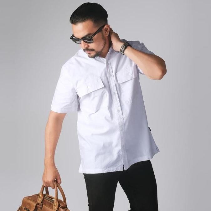 DGM Kemeja Polos Putih Double Pocket Pendek Katun Twill 30s Premium Workshirt Kemeja Kerja 2691