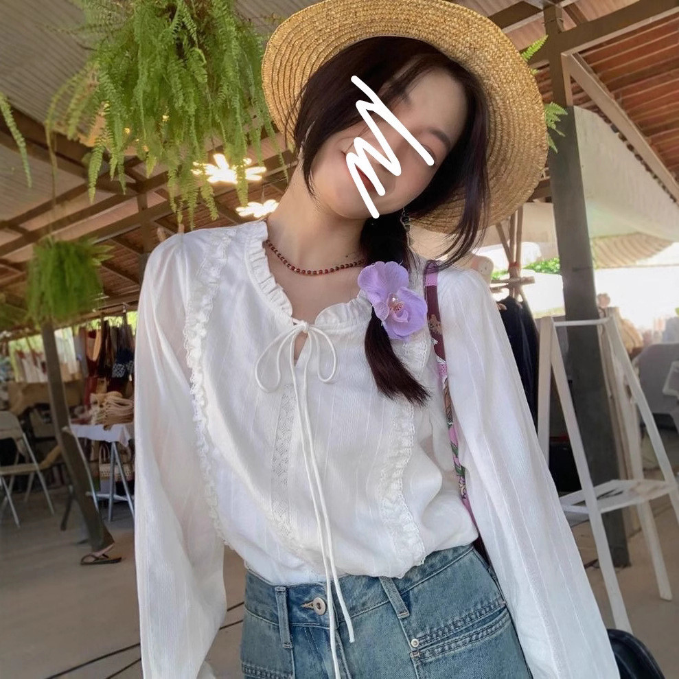 Kemeja Putih Kerah Renda Gaya Prancis untuk Wanita Mungil Blus Gaya Lembut