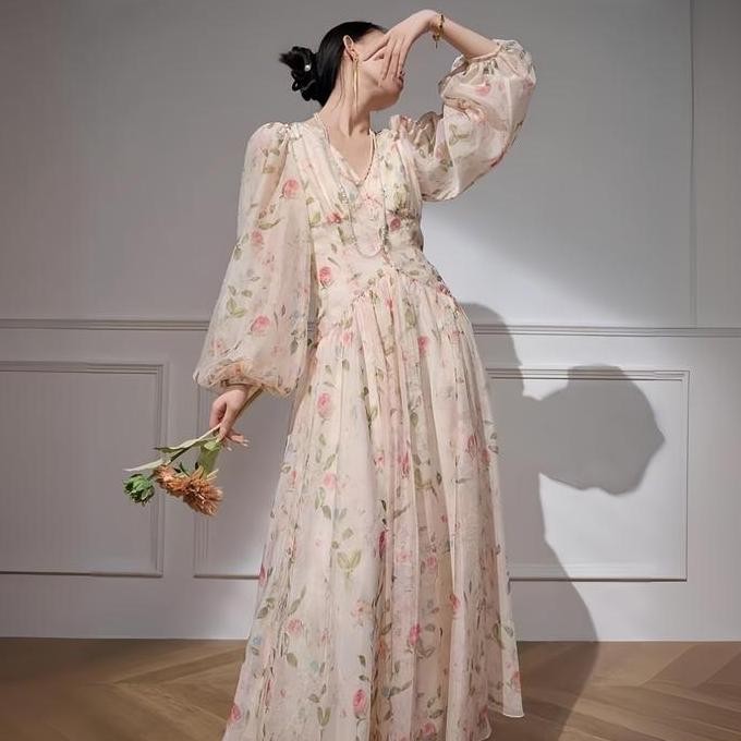 [FANMU] Gaun bunga fairy rok Sifon  panjang Casual Wanita Dress Baju Floral Motif Midi Pantai