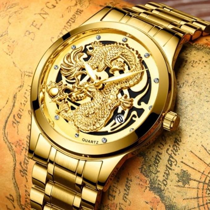 ENOTECA - JAM TANGAN PRIA RANTAI FNGEEN MOTIF DRAGON MURAH NAGA KEREN JAM006G1  EMAS GOLD