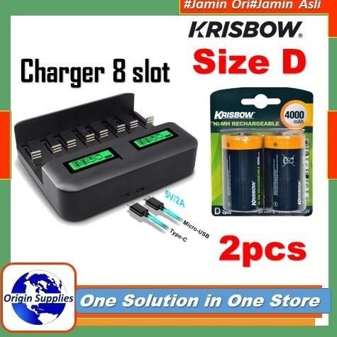 KRISBOW SET BATERAI RECHARGEABLE SIZE D 4000 MAH+CHARGER BATERAI DUAL LCD INDIKATOR TYPE D ORIGINAL 