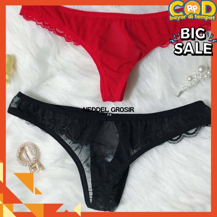CELANA DALAM PRIA  TRANSPARAN CUTOUT THONG BAHAN LACE  BY NEDDEL GROSIR