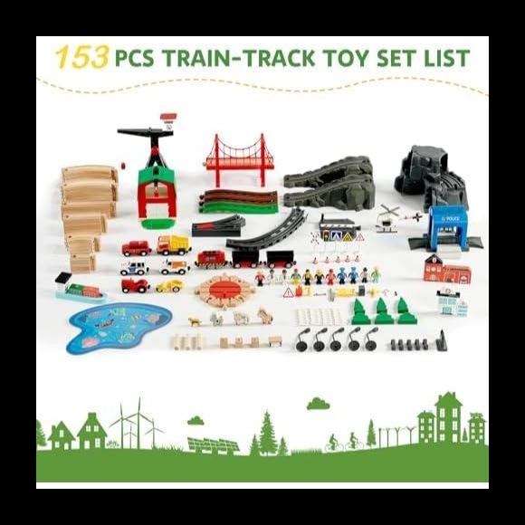 Joylike 153Pcs Wooden Train Set, Toy Train For Boys & Girls, 6 Themed Scenarios Wooden Train Track