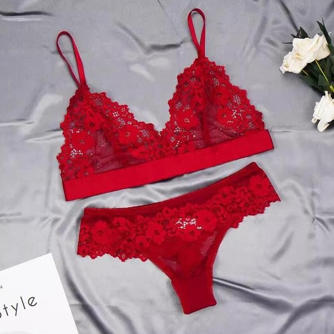 Bra Set Bh Setelan Dalaman Brief Transparan Tanpa Kawat Brallete Wanita Motif
