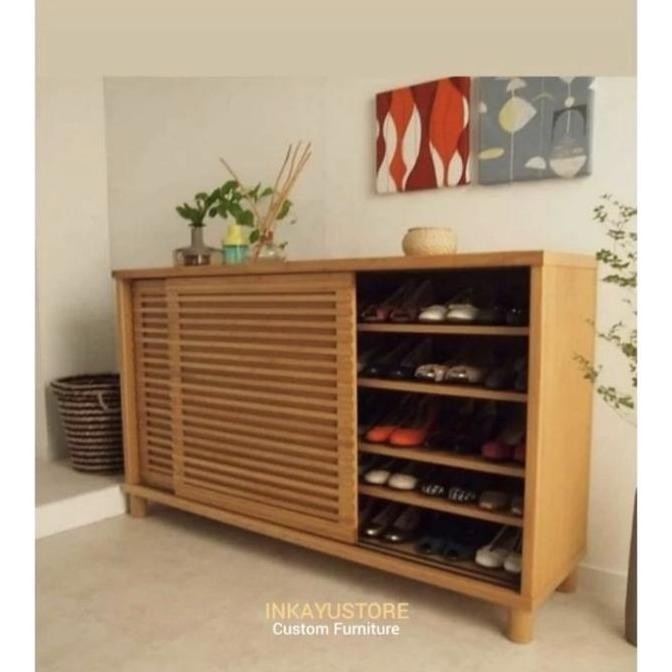 Lemari sepatu minimalis kayu jati solid, Almari sepatu kayu jati solid