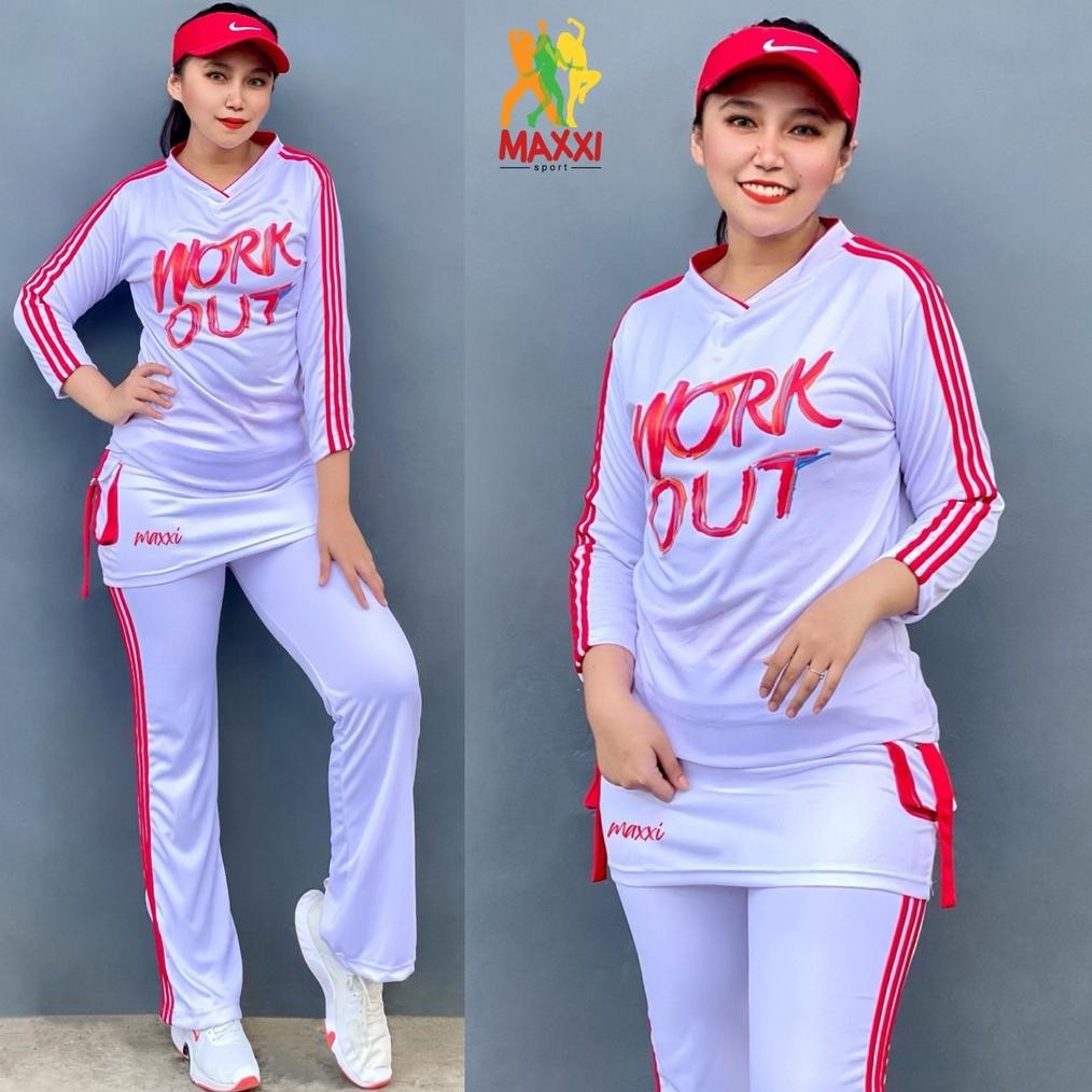 Bf888S Setelan ReadyBaju Senam Merah Putih Rok Workout Panjang Set Baju Olahraga Setelan Baju Gym Fi