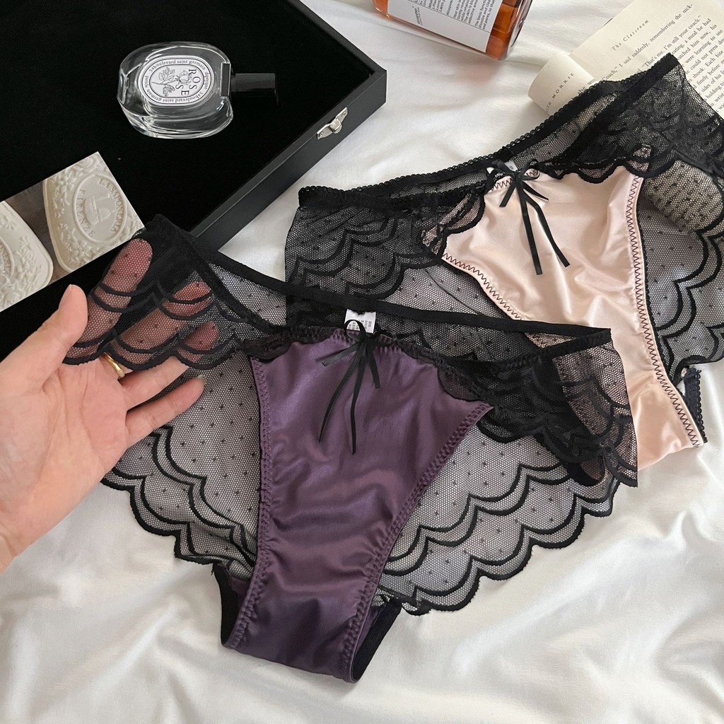 Panty Satin Lace Prancis Wanita Tipis Bernapas Jala Celana Dalam Wanita