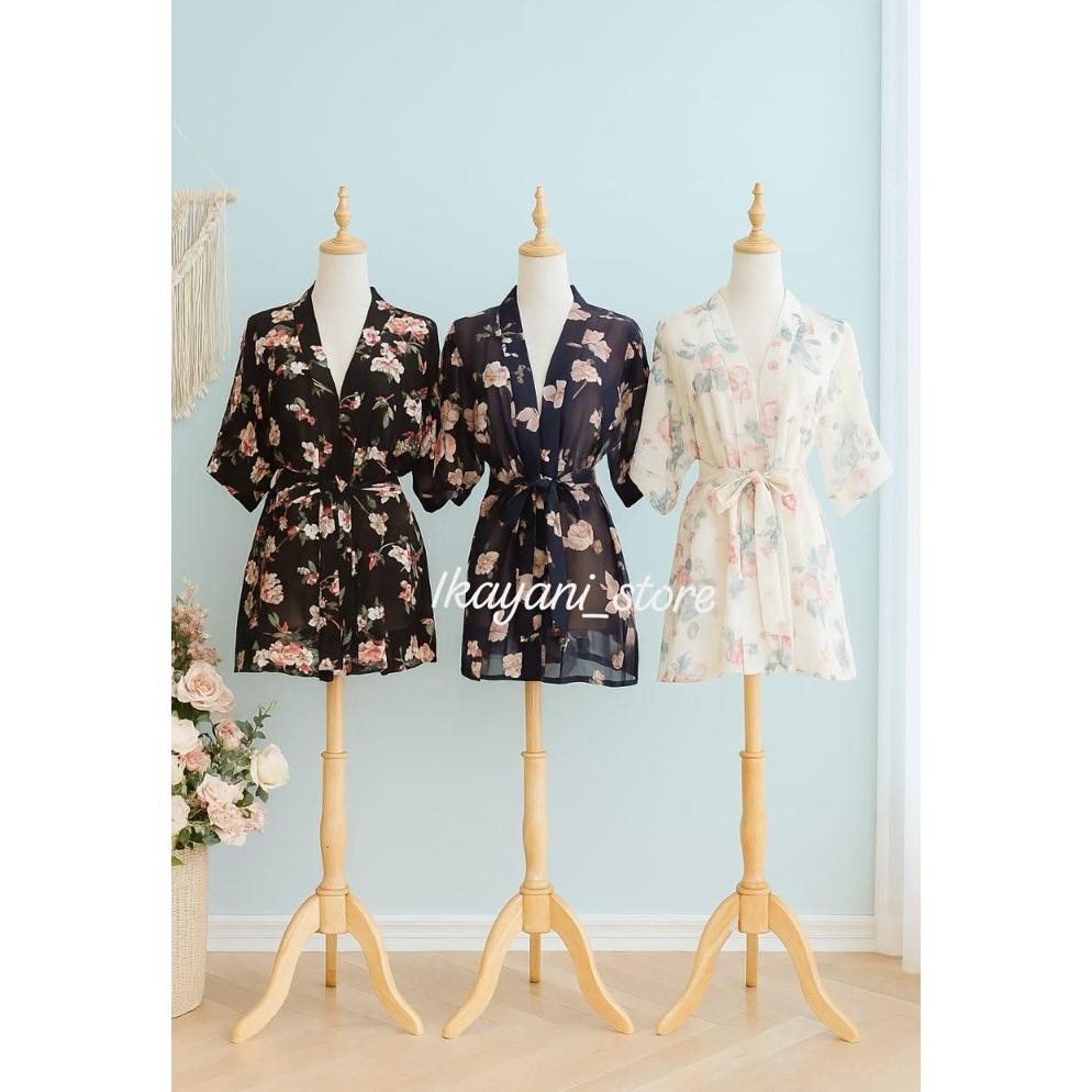 Kimono Sifon Motif bunga Set Gstring Lingerie Baju Tidur Sexy Hot Menggoda Malam pertama Jumbo Lembu