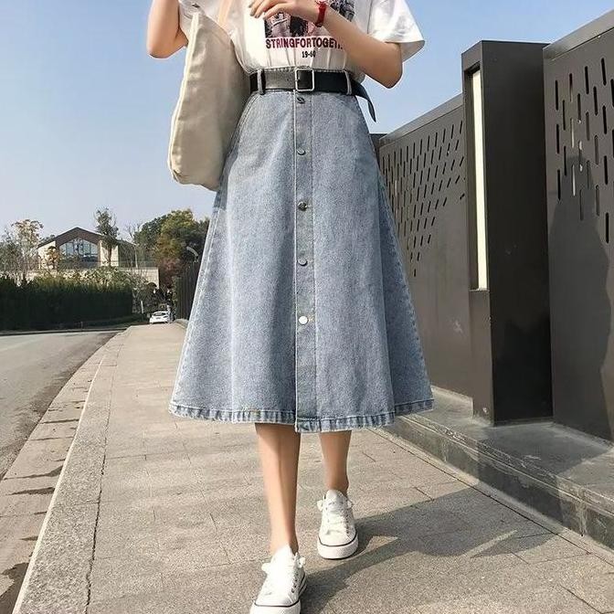 Promo Cod (Ready Stok) Rok Kancing Penuh Rok Korean Style Panjang 7/8 Rok Jeans Wanita Kancing Depan