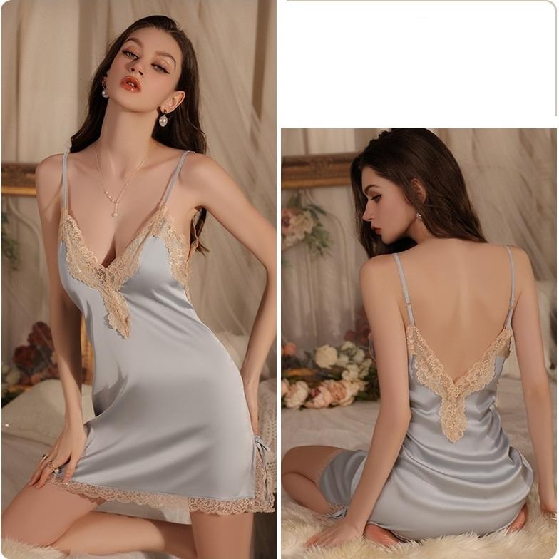 Baju Tidur Sexy Lingerie Wanita Satin Warna Ungu Lembut