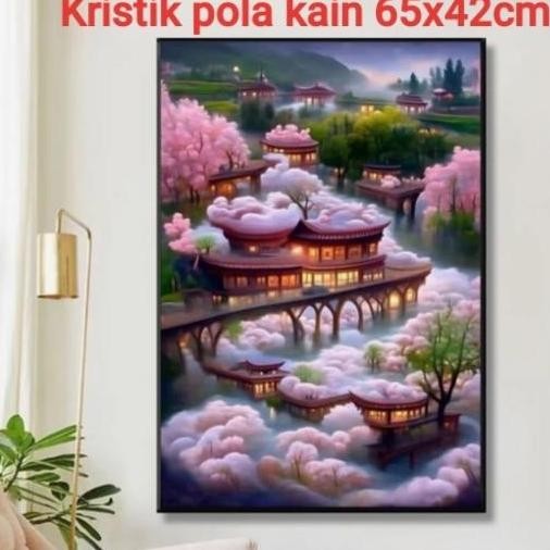 paket kristik sakura pink house village full pola kain cross stitch