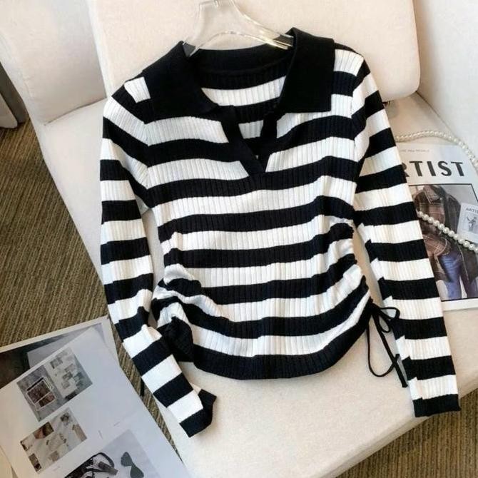 Atasan Rajut BerKerah Polo Tali Salur Tangan Panjang / Atasan Vneck Crop Top Blouse Stripe / Baju Sw