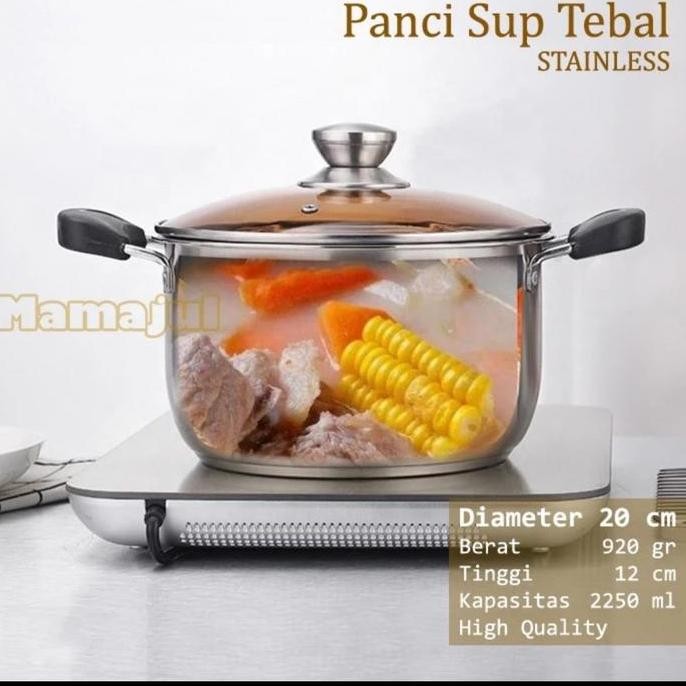 Subron Panci Sup 20 Cm Stainless Tebal Tutup Kaca