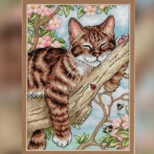 COD DIY paket kristik kucing dan bunga lazy cat pola kain cross stitch 14ct