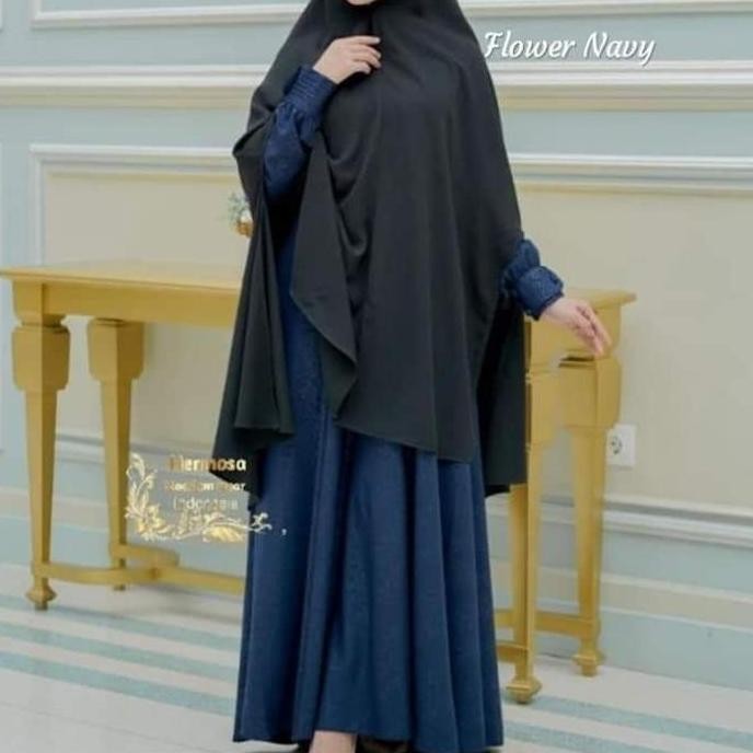 [Gamis Hermosa Embos] Gamis Embos Hermosa Motif Flower Warna Navy-Gamis Syari Navy Embos-Gamis Biru 