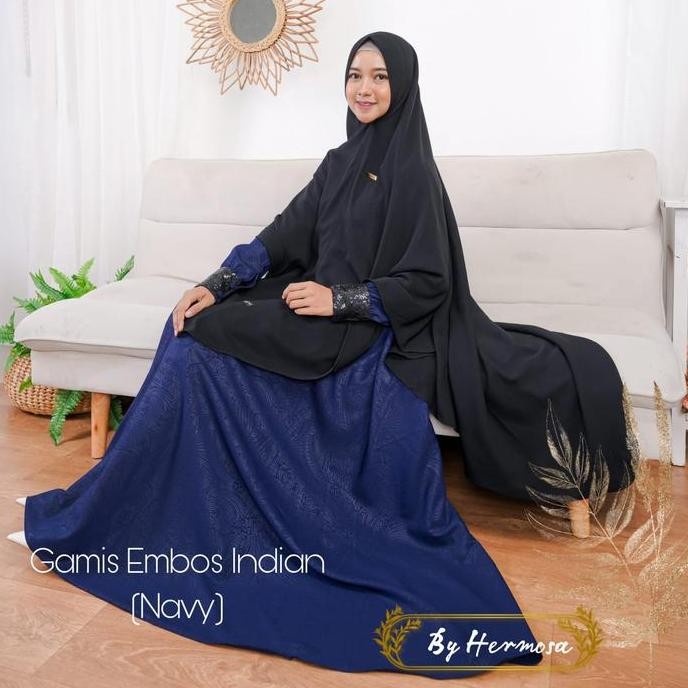 [Gamis Hermosa] Gamis Hermosa Embos Motif Indian Navy-Gamis Biru Dongker-Gamis Motif Embos Syari Bir