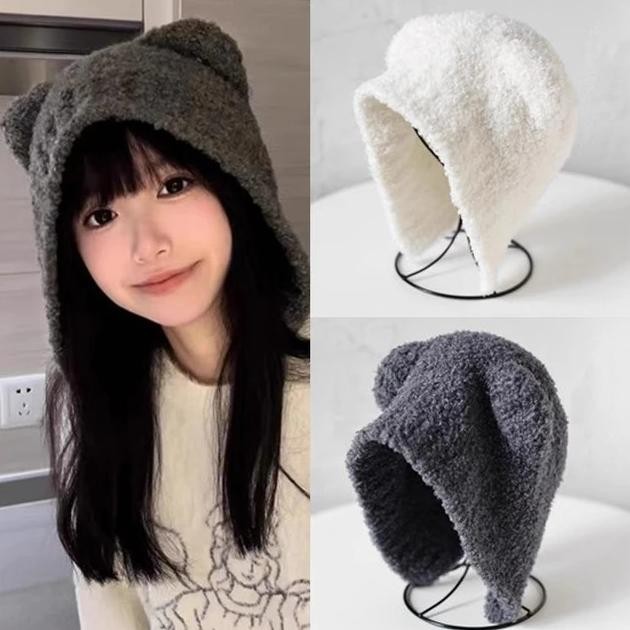 Topi Beanie Telinga Beruang Wanita Musim Gugur Baru, Topi Rajut Musim Dingin, Topi Korea, Kupluk Ana