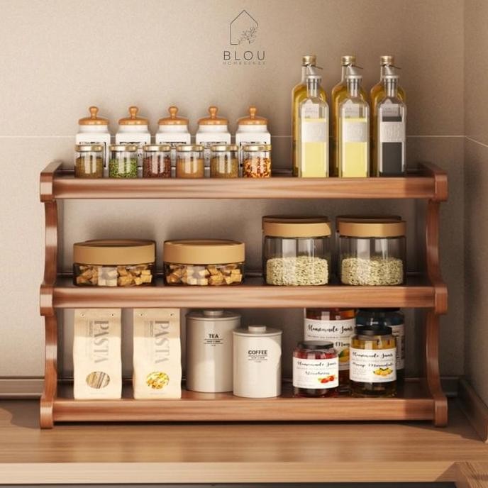 Blou Rak Kayu Aesthetic Estetik Kitchen rack seasoning storage rack rak kayu bambu gelas bumbu dapur