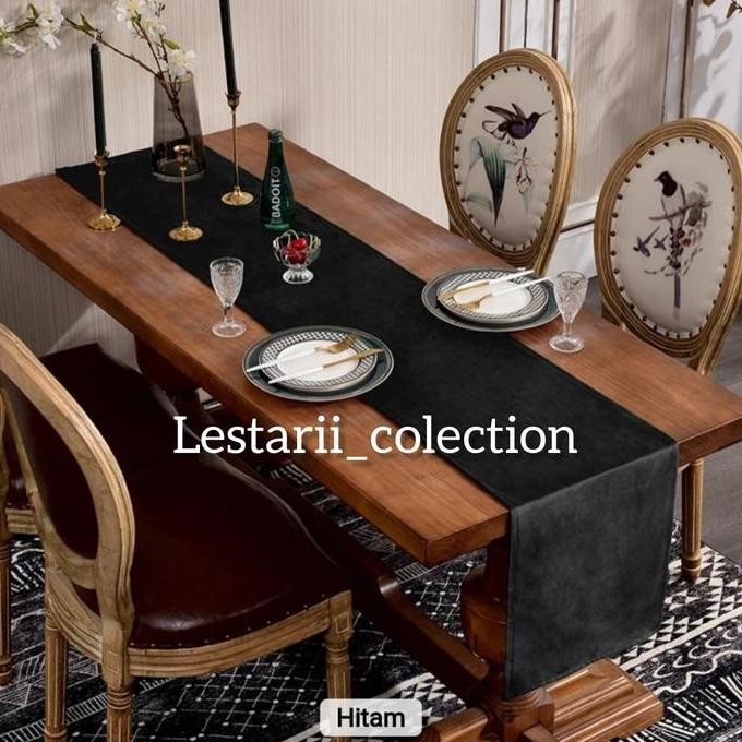 taplak meja atau table runner bahan suede premium polos hitam
