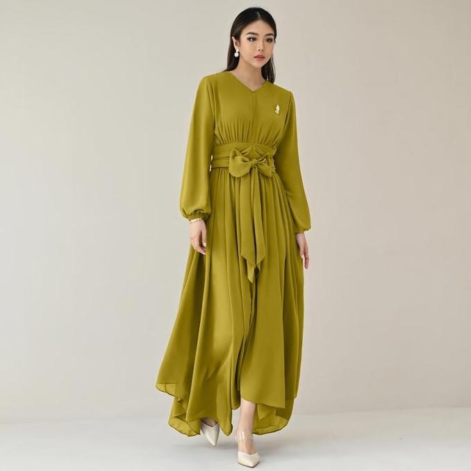 Demore Layerna Dress Elegan Simple Fashion Muslim Gaun Ceruty Babydoll Lapis Furing