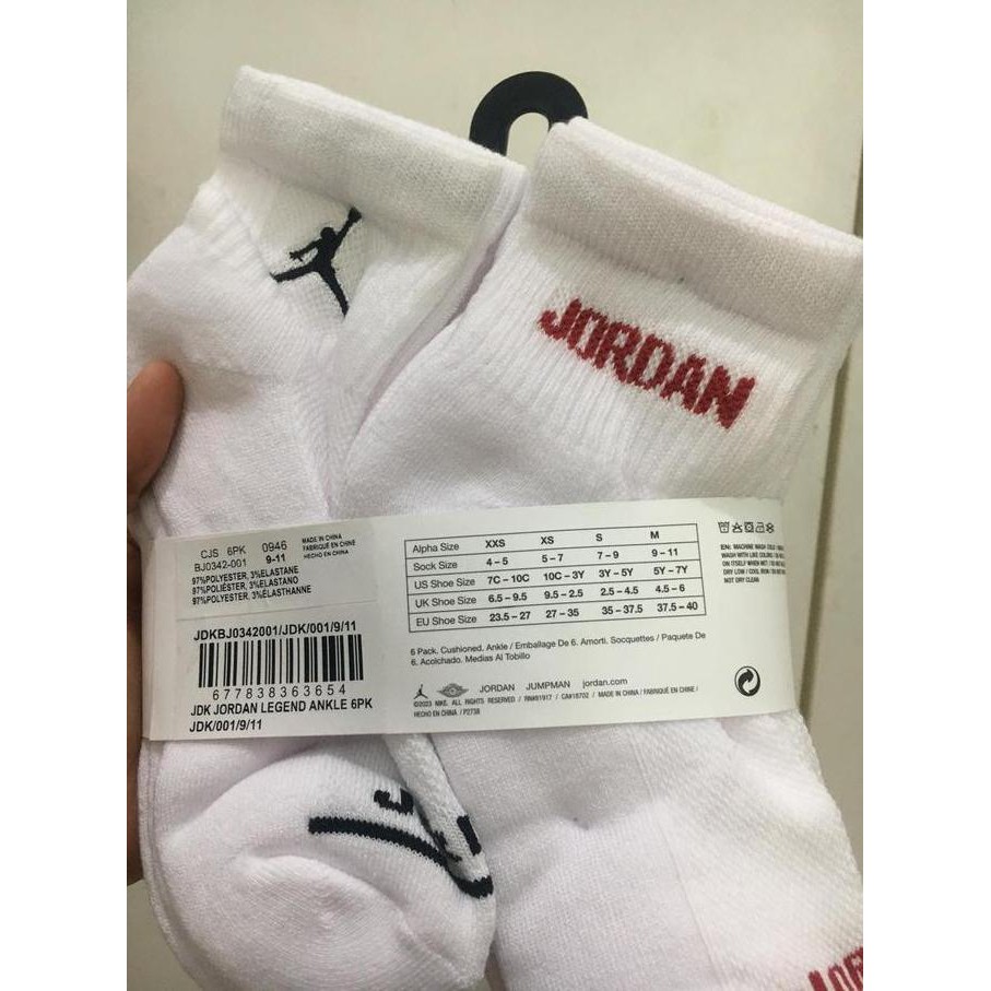 NIKE AIR JORDAN Kids Socks Kaos Kaki Anak 6 Pairs Size 37.5-40  100% ORI