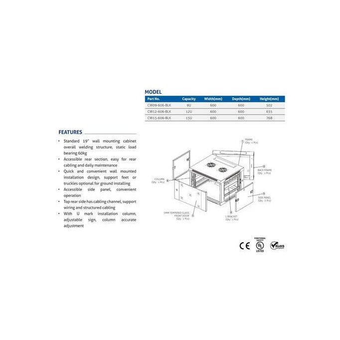 Rack Server 19 Inch Wallmount 8U 500 Mm Singledoor