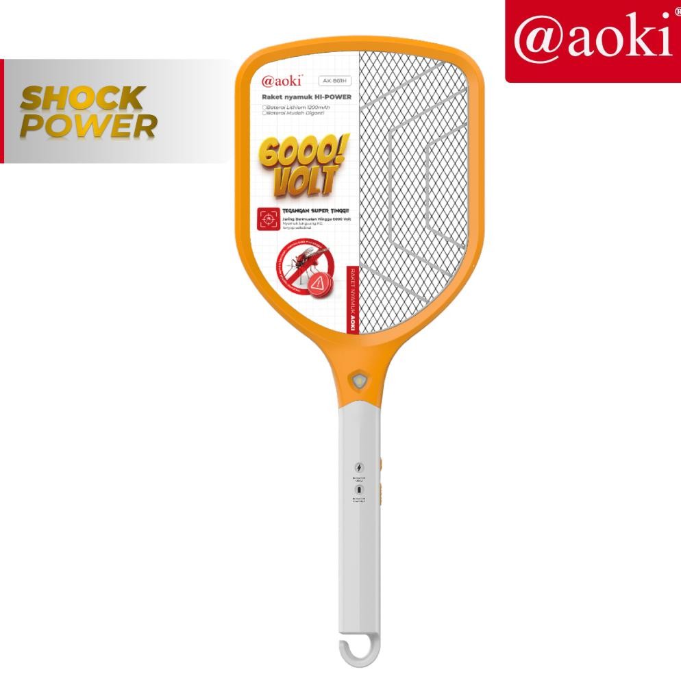 AOKI Raket Nyamuk Rechargeable Tegangan Tinggi 6000V Baterai Bisa Diganti Baterai Lithium 1200mAh