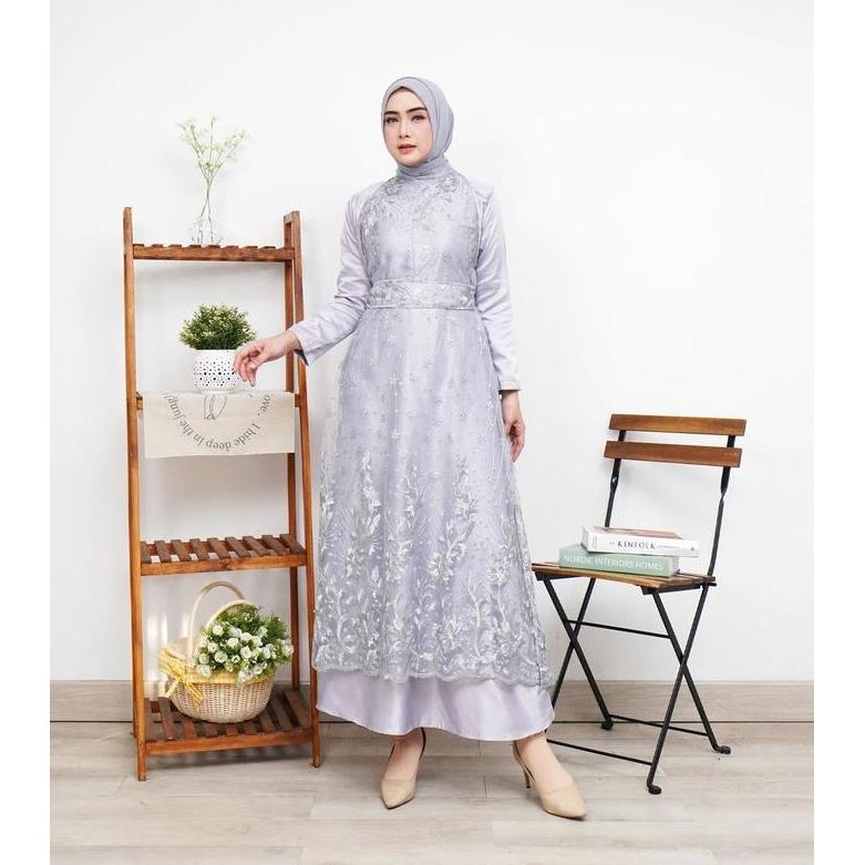 2In1 Thalita Dress Inner + Outer Brukat Tille Premium / Free Belt / Set Gamis Maxi Dress Kondangan P