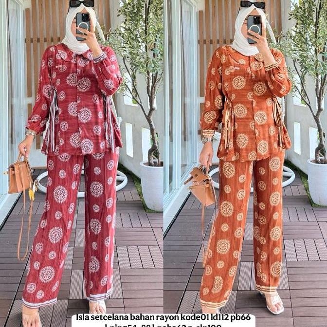 Avr Isla Set Motif Serat Kayu Bahan Rayon Setelan Celana Panjang Wanita Muslim Busui Variasi 4 Warna