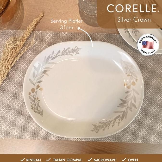 Premium CORELLE SILVER CROWN Serving platter 31cm / Piring Saji Oval Promo